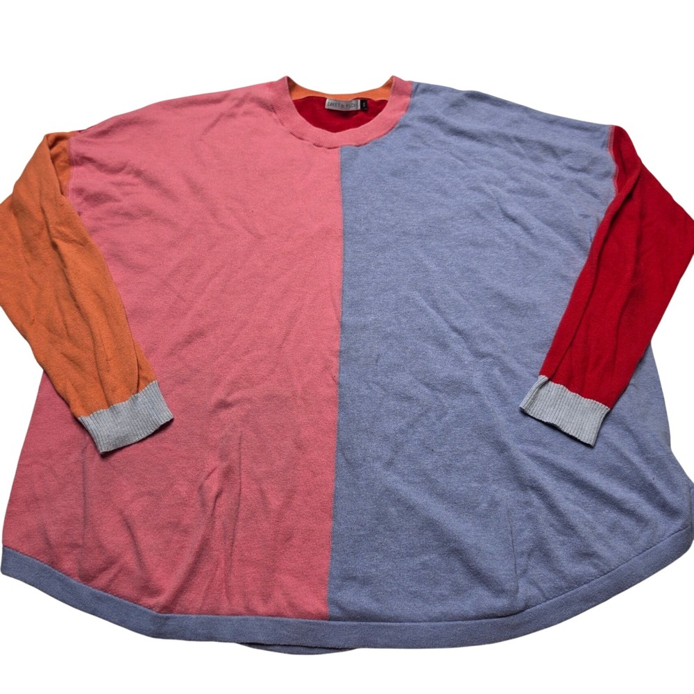 Zaket & Plover Womens Colorblock Silk Blend Oversized Sweater Red Pink Blue S
